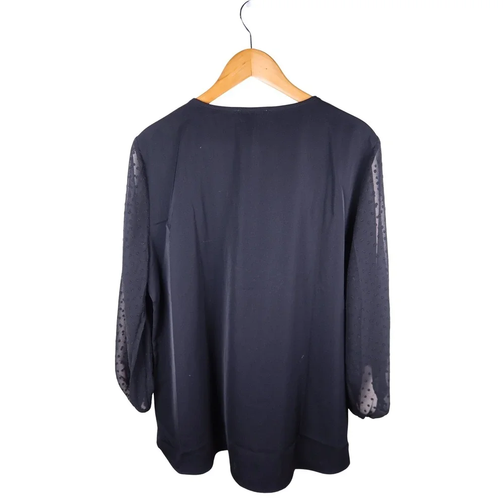 Bebonnie Black Blouse Women XL Sheer Swiss Dot Sleeve V Neck Dressy Top